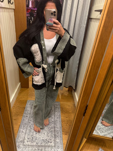 POL cardigan, wide sleeve, relaxed fit top in thermal with patch detail pointed solid pattern - Black