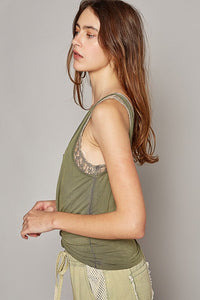 POL Round neck sleeveless lace inner solid knit top - Oatmeal or Pacific Blue