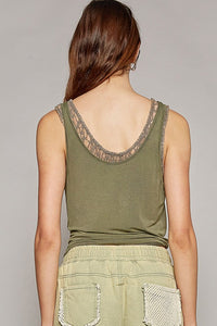 POL Round neck sleeveless lace inner solid knit top - Oatmeal or Pacific Blue