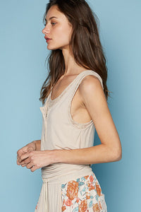 POL Round neck sleeveless lace inner solid knit top - Oatmeal or Pacific Blue