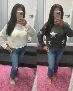 Lightweight Loose Knit Star Sweater - Charcoal, Oatmeal or Ivory