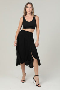 Side Slit Ruffle Midi Skirt - Black