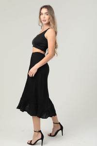 Side Slit Ruffle Midi Skirt - Black