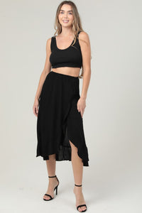 Side Slit Ruffle Midi Skirt - Black