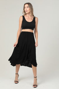Side Slit Ruffle Midi Skirt - Black