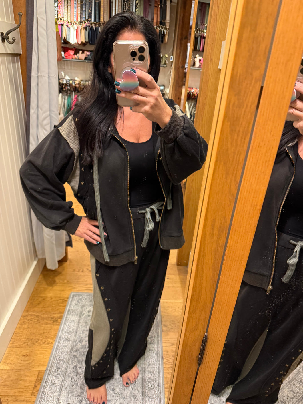 POL zip up hoodie, relaxed fit top in French terry with stud detail pointed solid pattern - Black