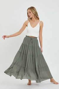Casual Pull On Elastic Waist Tiered Maxi Skirt - Misty Blue Or Olive
