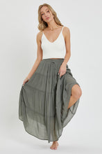Casual Pull On Elastic Waist Tiered Maxi Skirt - Misty Blue Or Olive