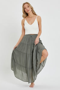 Casual Pull On Elastic Waist Tiered Maxi Skirt - Misty Blue Or Olive