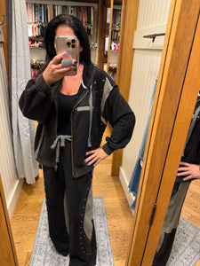 POL zip up hoodie, relaxed fit top in French terry with stud detail pointed solid pattern - Black