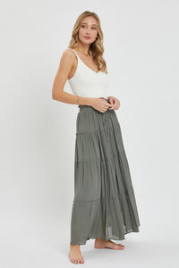 Casual Pull On Elastic Waist Tiered Maxi Skirt - Misty Blue Or Olive