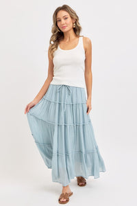 Casual Pull On Elastic Waist Tiered Maxi Skirt - Misty Blue Or Olive