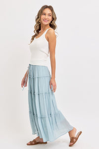Casual Pull On Elastic Waist Tiered Maxi Skirt - Misty Blue Or Olive
