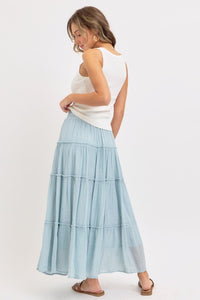 Casual Pull On Elastic Waist Tiered Maxi Skirt - Misty Blue Or Olive