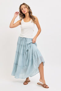 Casual Pull On Elastic Waist Tiered Maxi Skirt - Misty Blue Or Olive