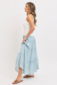 Casual Pull On Elastic Waist Tiered Maxi Skirt - Misty Blue Or Olive