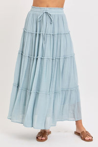 Casual Pull On Elastic Waist Tiered Maxi Skirt - Misty Blue Or Olive