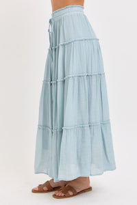 Casual Pull On Elastic Waist Tiered Maxi Skirt - Misty Blue Or Olive
