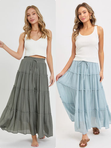 Casual Pull On Elastic Waist Tiered Maxi Skirt - Misty Blue Or Olive