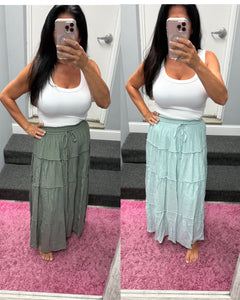 Casual Pull On Elastic Waist Tiered Maxi Skirt - Misty Blue Or Olive