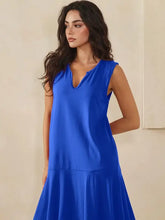 Split Neck Flounce Hem Peach Skin Dress - Black, Red or Blue