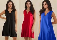 Split Neck Flounce Hem Peach Skin Dress - Black, Red or Blue