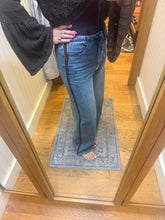 Washed Denim Pants With Tie And Brown Side Trim