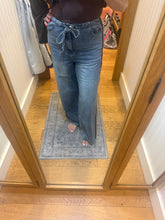 Washed Denim Pants With Tie And Brown Side Trim
