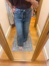 Washed Denim Pants With Tie And Brown Side Trim