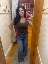 Washed Denim Pants With Tie And Brown Side Trim