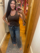 Washed Denim Pants With Tie And Brown Side Trim