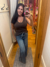 Washed Denim Pants With Tie And Brown Side Trim