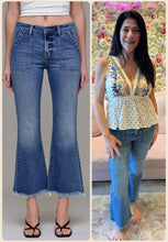 Hidden Medium Wash Frayed Hem Cargo Crop Flare