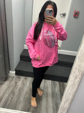 Bling Lips Tongue Band Distressed Hoodie - Pink X-Large