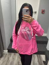 Bling Lips Tongue Band Distressed Hoodie - Pink X-Large