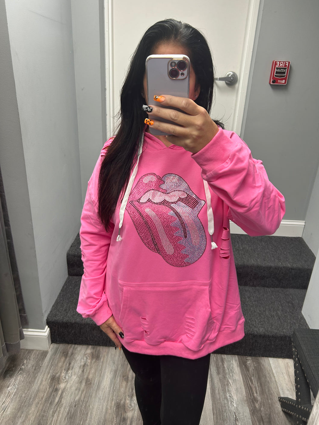Bling Lips Tongue Band Distressed Hoodie - Pink X-Large