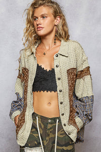POL Textured Twill With Plaid & Floral Patch Short - Oatmeal