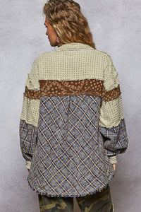 POL Textured Twill With Plaid & Floral Patch Short - Oatmeal