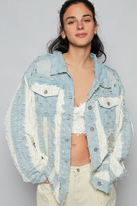 POL Relaxed Textured Light Denim Jacket With Flower Embroidery