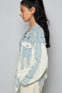 POL Relaxed Textured Light Denim Jacket With Flower Embroidery