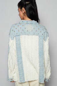POL Relaxed Textured Light Denim Jacket With Flower Embroidery