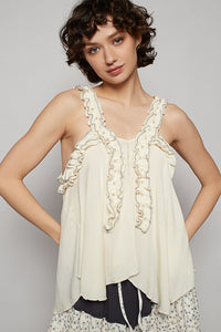 POL Sleeveless Shirred Ruffle & Pearl Stud Tank - Natural or Off White