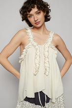 POL Sleeveless Shirred Ruffle & Pearl Stud Tank - Natural or Off White