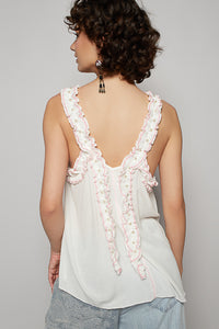 POL Sleeveless Shirred Ruffle & Pearl Stud Tank - Natural or Off White
