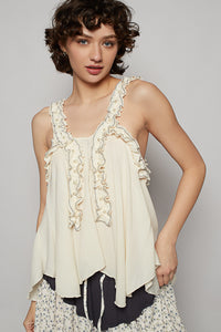 POL Sleeveless Shirred Ruffle & Pearl Stud Tank - Natural or Off White