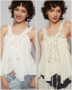 POL Sleeveless Shirred Ruffle & Pearl Stud Tank - Natural or Off White