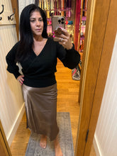 Silky Feel Satin Midi Skirt with Elastic Waistline - Black or Taupe