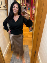 Silky Feel Satin Midi Skirt with Elastic Waistline - Black or Taupe