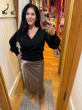 Silky Feel Satin Midi Skirt with Elastic Waistline - Black or Taupe