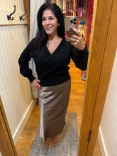 Silky Feel Satin Midi Skirt with Elastic Waistline - Black or Taupe